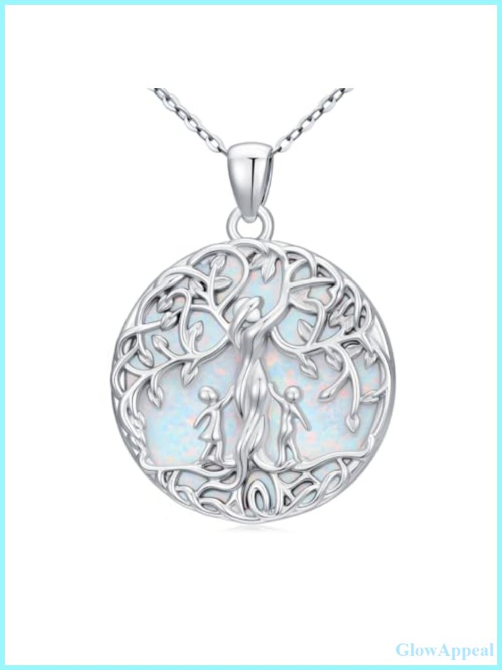 Tree of Life Opal Pendant Necklace White Gold Finish 18" Cable Chain